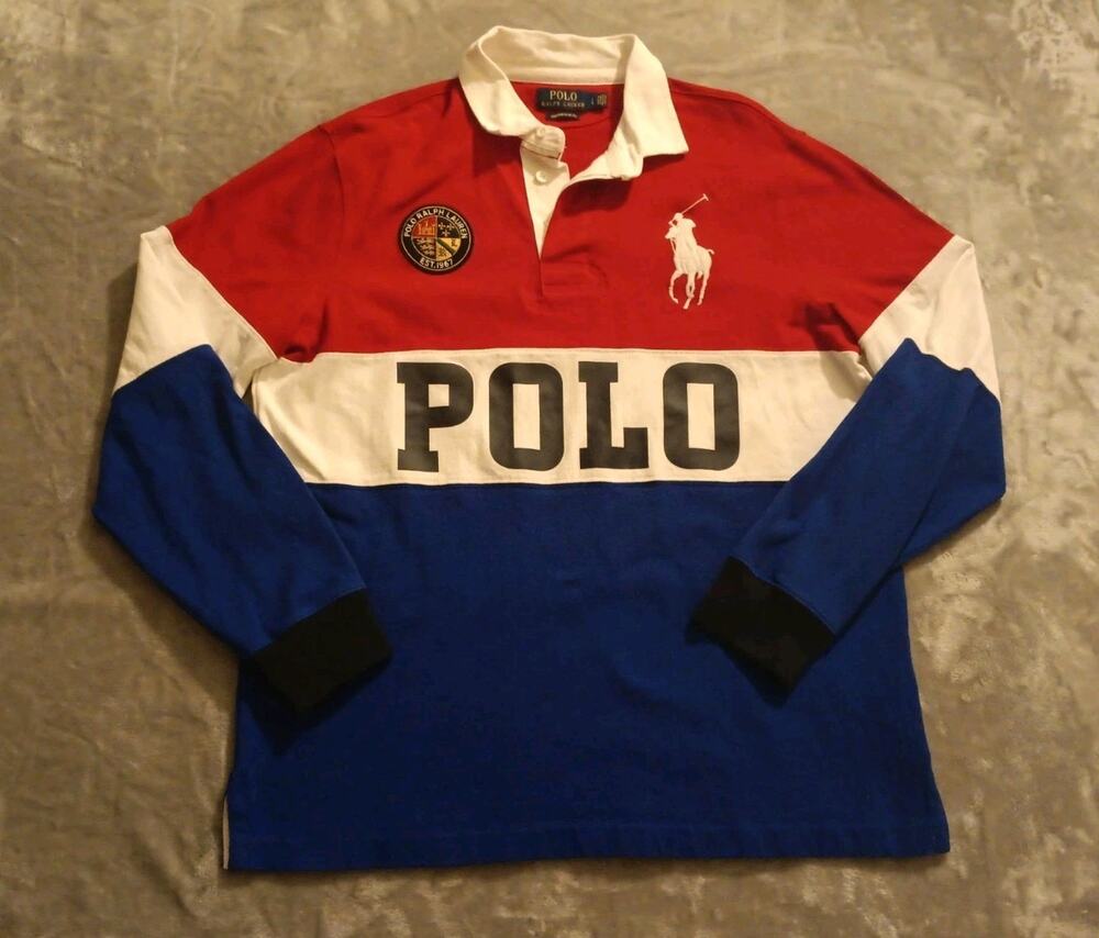 Ralph Lauren Polo Rugby Shirt Mens Large Red Blue Cookie Big Pony Colorblock